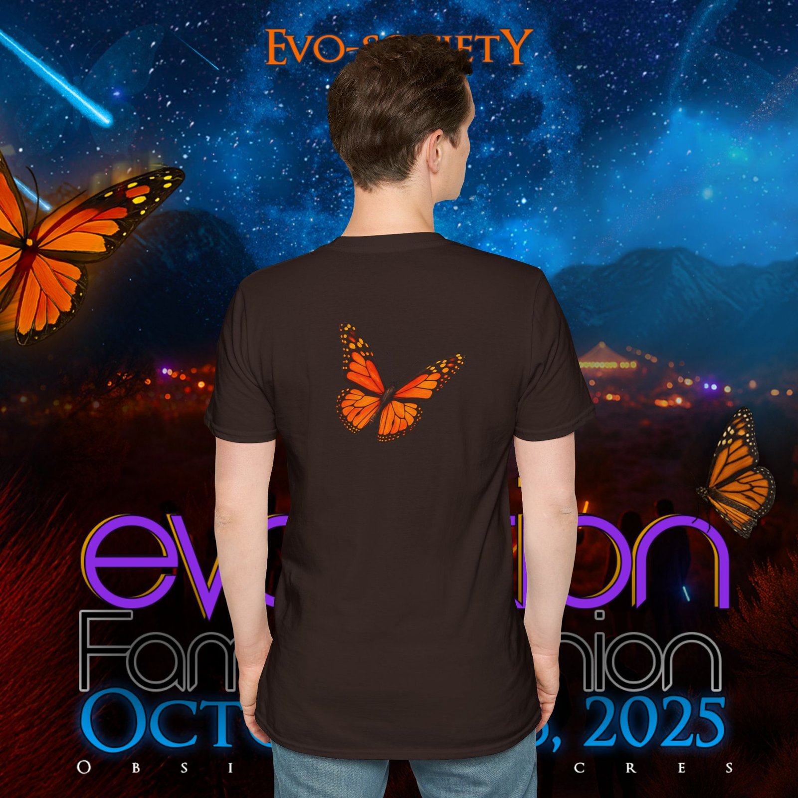 π¦ EVO Society Cosmic Butterfly Tee β Obsidian Acres 2025 - Image 6